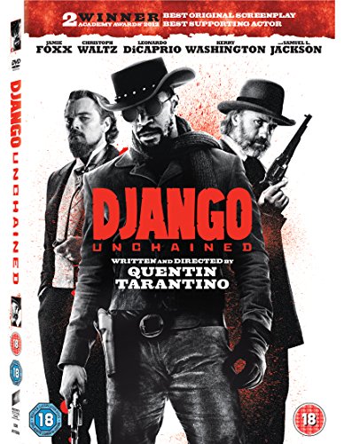 DVD cover for Django Unchained featuring Jamie Foxx, Leonardo DiCaprio, and Christoph Waltz.