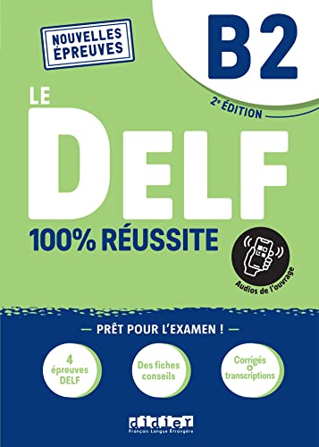 DELF B2 French language textbook cover with app icon and blue accents.