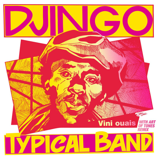 Record cover featuring a sketched portrait and bold pink and yellow text.