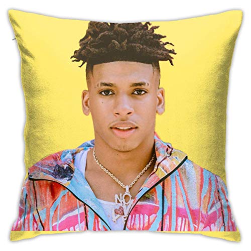 Yellow square pillow with a portrait of rapper Nle Choppa.
