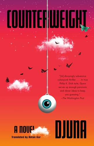 Book cover with a red-to-orange gradient, a hanging eyeball, and scattered butterflies.