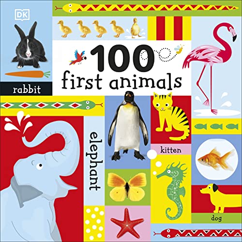 Colorful children’s book cover featuring various illustrated animals and the text “100 first animals”.