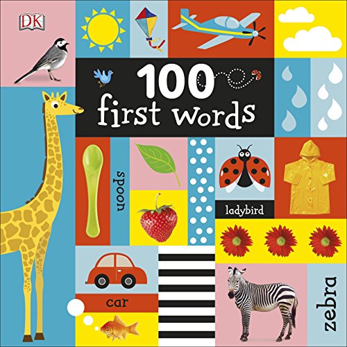 "Children's book cover with colorful grid of images and words, featuring animals and objects."