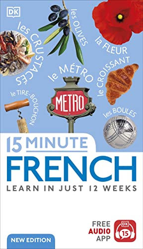 Book cover: "15 Minute French" with French words and cultural images.