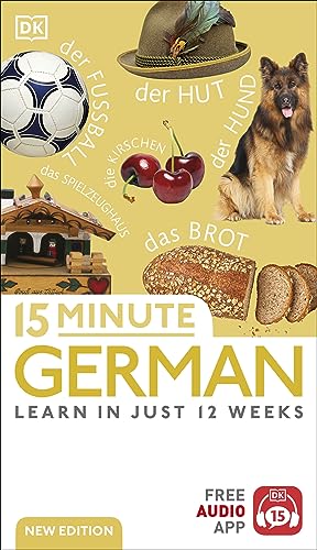 German language learning book cover with images of a hat, dog, and food.