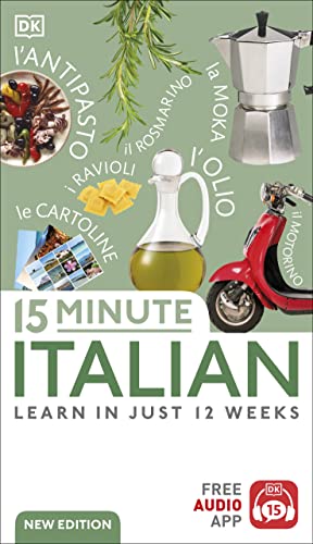 Book cover with Italian food, a scooter, and text: "15 Minute Italian".
