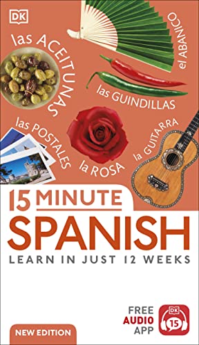 Book cover with Spanish title, food, rose, guitar, and postcards.