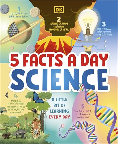 Book cover with science facts illustrated with planets, volcanoes, and DNA.