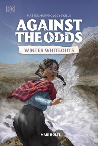 A young girl with braided hair looks startled in a snowy mountain landscape.