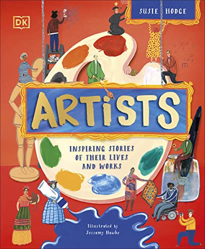 Book cover with colorful illustrations of artists and a paint palette.