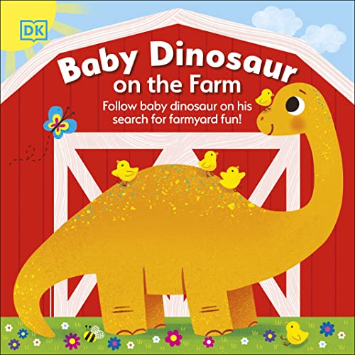Orange dinosaur peeks into a red barn with yellow chicks.