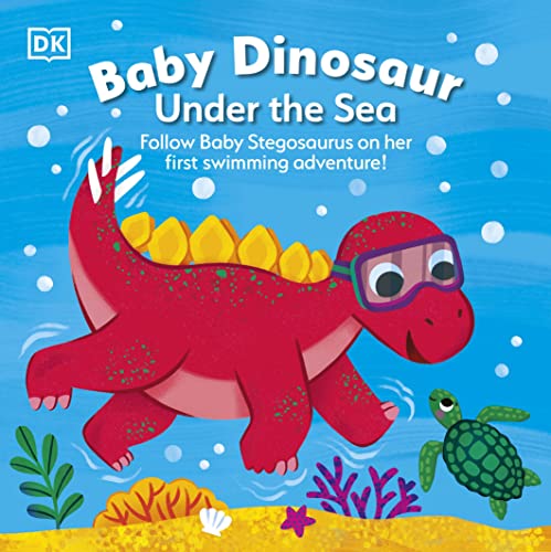 Book cover featuring a red baby stegosaurus wearing goggles swimming underwater with a turtle.