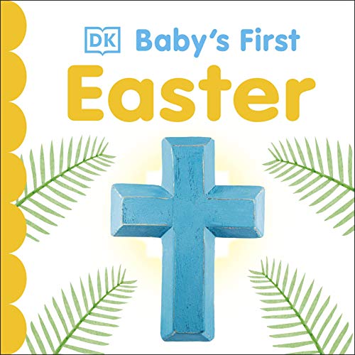 Book cover: "Baby's First Easter" with a blue cross and leaves.