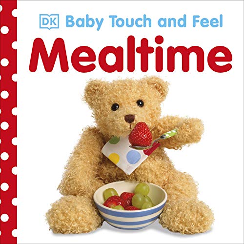 Teddy bear with strawberry, bowl of fruit, and book title "Mealtime.