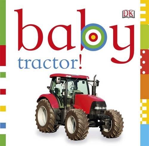 "Children's book cover featuring a red tractor with large tires on a white background."
