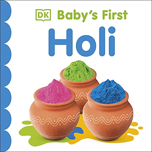 Book cover: “Baby’s First Holi” with colorful powder and pots.