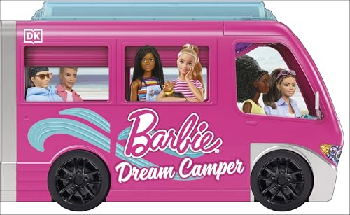 Pink Barbie Dream Camper van with six diverse dolls inside.