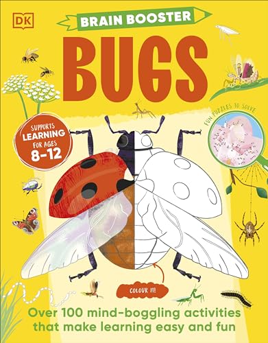 Bright yellow book cover with illustrated bugs and puzzles for ages 8-12.