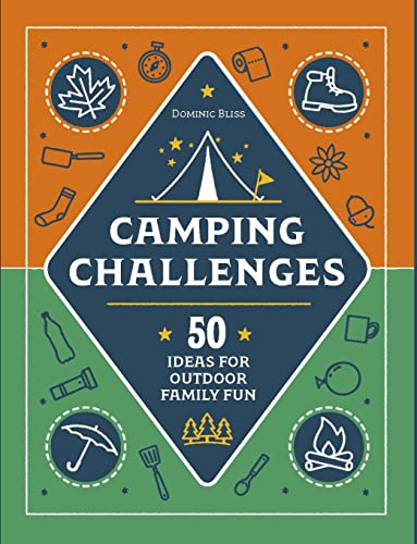 Book cover: "Camping Challenges" with camping icons and a blue diamond.