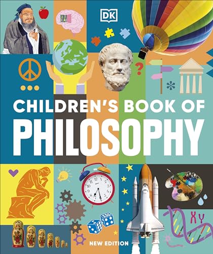 Colorful book cover featuring philosophical icons and concepts for children.