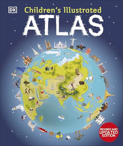 Colourful illustrated book with maps and pictures for kids, likely hardcover or sturdy board book.