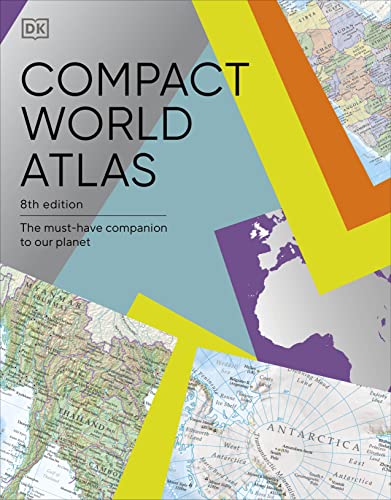 Book cover for Compact World Atlas with geometric shapes and map fragments.
