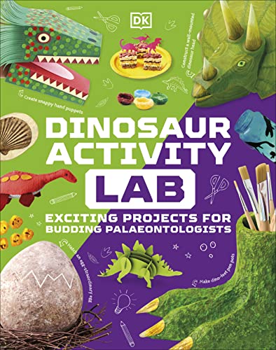 Dinosaur Activity Lab" book cover with illustrations of dinosaurs and crafts.