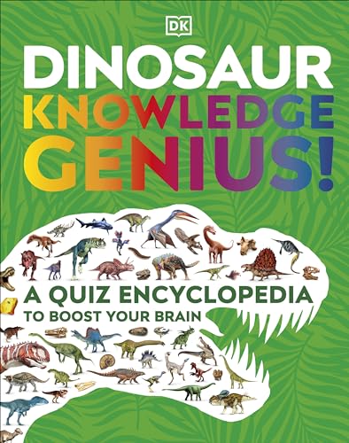 Book cover titled Dinosaur Knowledge Genius featuring many small dinosaur illustrations on green background.