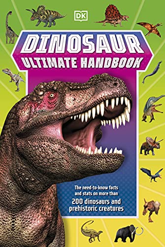 Book cover featuring a Tyrannosaurus rex and various other prehistoric creatures on greenC green background.