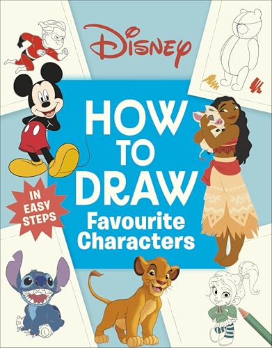 Disney drawing guide featuring Mickey, Moana, Stitch, and Simba.