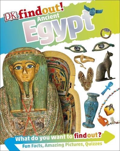 "Book cover featuring a mummy and various Ancient Egyptian artifacts and symbols."