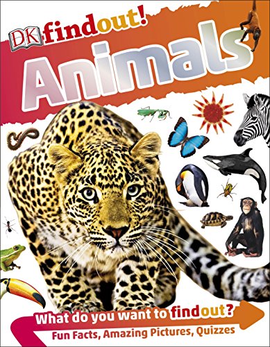 "Book cover featuring a leopard and various animals with the title 'DKfindout! Animals'."