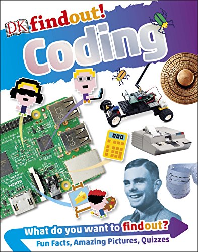 "Book cover with 'DKfindout! Coding' title, circuit boards, and various tech-related images."