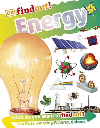 Book cover: "DKfindout! Energy" with lightbulb, solar panels, and atom illustration.