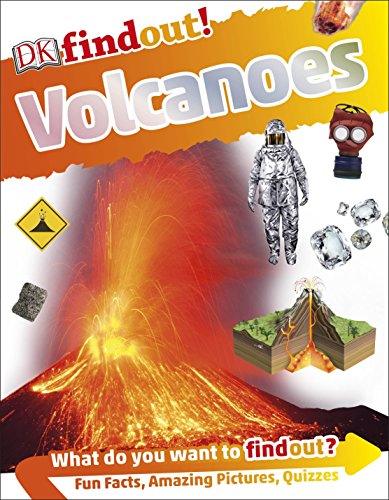 "Book cover featuring erupting volcano, astronaut, and 3D volcano model, titled 'DKfindout! Volcanoes'."