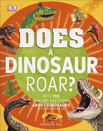 Book cover featuring colorful dinosaurs and the title "Does a Dinosaur Roar?".