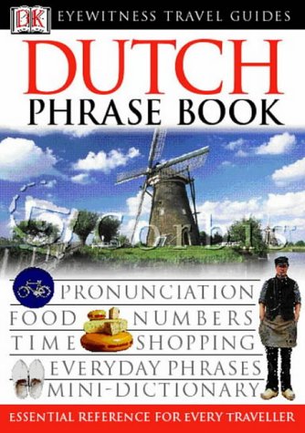 Dutch phrase book cover with windmill, cheese, and travel icons.