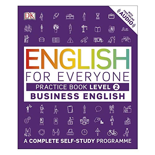 Purple business English practice book cover with icons and text.