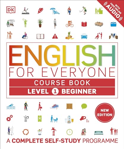 Beginner English course book cover with colorful icons and text.