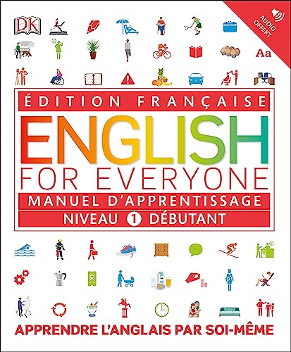 English for Everyone Level 1 Beginner French edition course book cover with small icons.