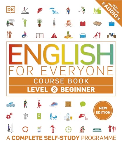 “English for Everyone” course book, Level 2 Beginner, with illustrated icons.