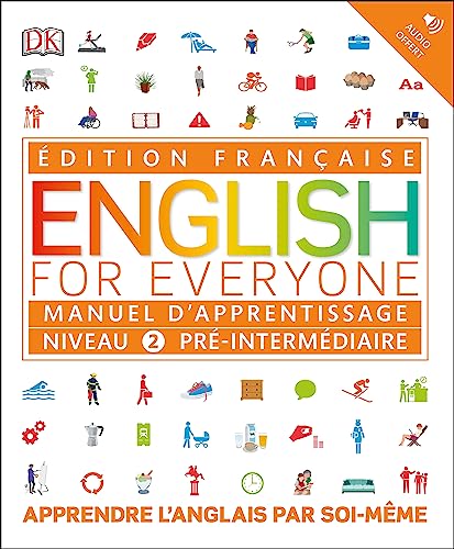 French edition English language learning textbook, Level 2 Beginner, with colorful icons.