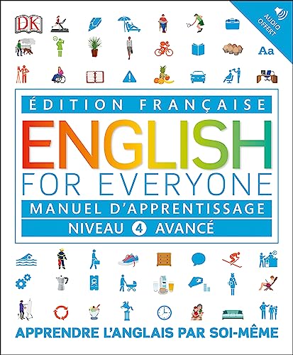 Cover of English for Everyone Level 4 Advanced French edition with colorful icons.