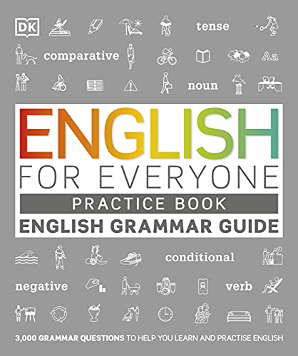 English grammar practice book cover with icons and colorful text.