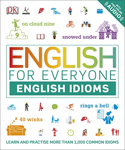 "Book cover with 'English for Everyone English Idioms' title, colorful text, and various idiom illustrations."