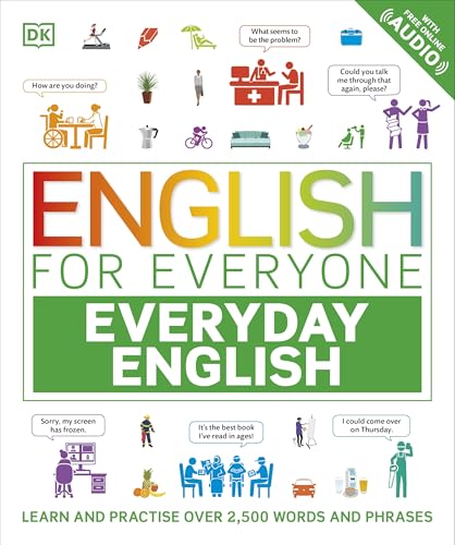 Book cover for English for Everyone Everyday English with colorful icons and speech bubbles.