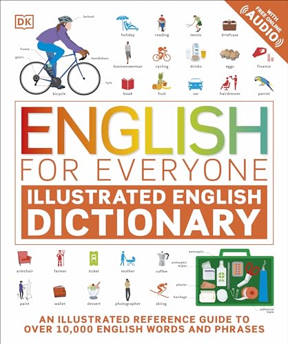 Colorful illustrated English dictionary with everyday objects and people depicted.