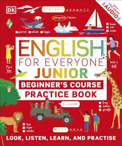 Colorful English learning book for children with animals and vehicles.