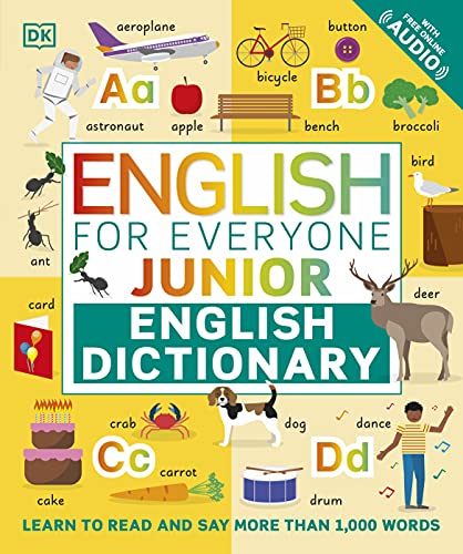Colorful children’s dictionary with illustrated words and alphabet letters.