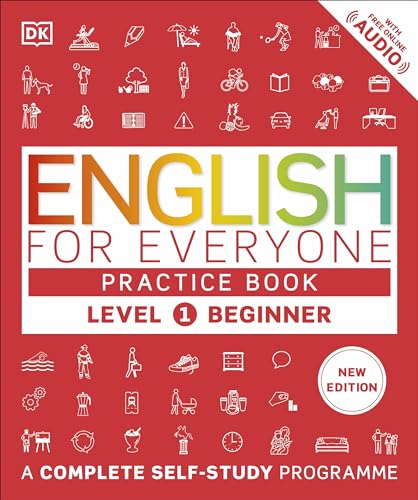 Red English practice book cover with icons and colorful title text.